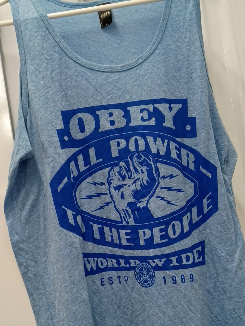 Obey Light Blue Graphic Tank with Royal Blue Print